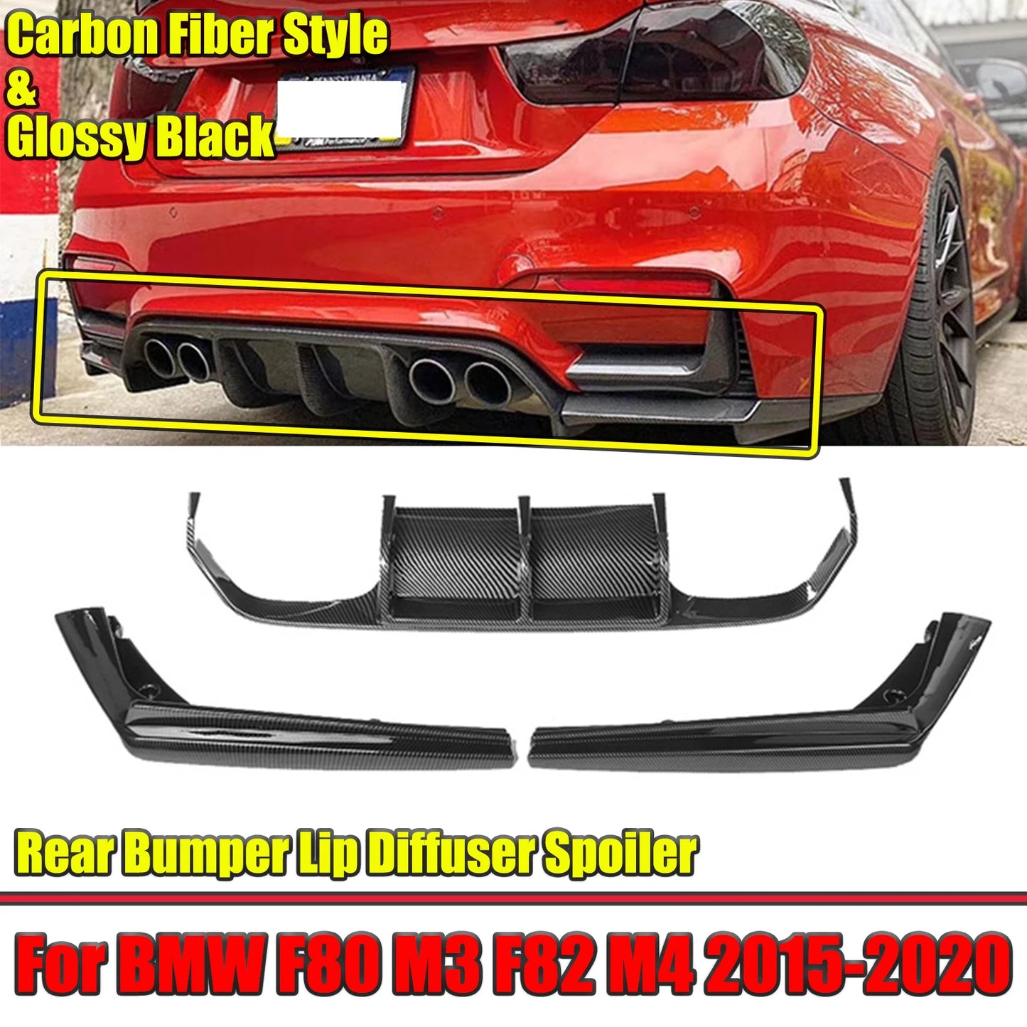 Difusor M Performance BMW M3 M4 F80 F82 com Stop F1

3pcs Car Rear Bumper Lip Diffuser Spoiler Side Splitters Apron Flaps For BMW F80 M3 F82 M4 2015-2020 Carbon Fiber Style