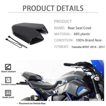 Selle monoplace Yamaha MT-07 2014-2017

 Housse de siège arrière noire pour moto, carénage de capot pour Yamaha MT-07