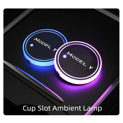 Pose des Tasses Illuminées Tesla
 
Dessous de verre lumineux pour voiture, pour Tesla Model Y 2021 2022, accessoires de voiture, dessous de verre antidérapant avec lumière LED