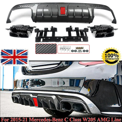 Kit Completo C63 Com Stop F1 Carbono (Aquaprint) Apenas para-choques AMG 
Versão  Sedan ou Carrinha 

C63/ C63S/C43 4 Door Sedan Rear Diffuser With Exhaust Endtips For Mercedes Benz C class W205 2015-2021 Carbon Look