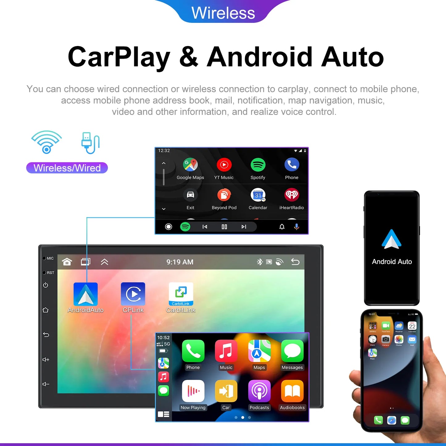 Radio
 Podofo Android13 autoradio 7/9/10 pouces 4 + 64G Carplay Android auto lecteur multimédia de voiture WIFI Bluetooth pour Toyota Honda