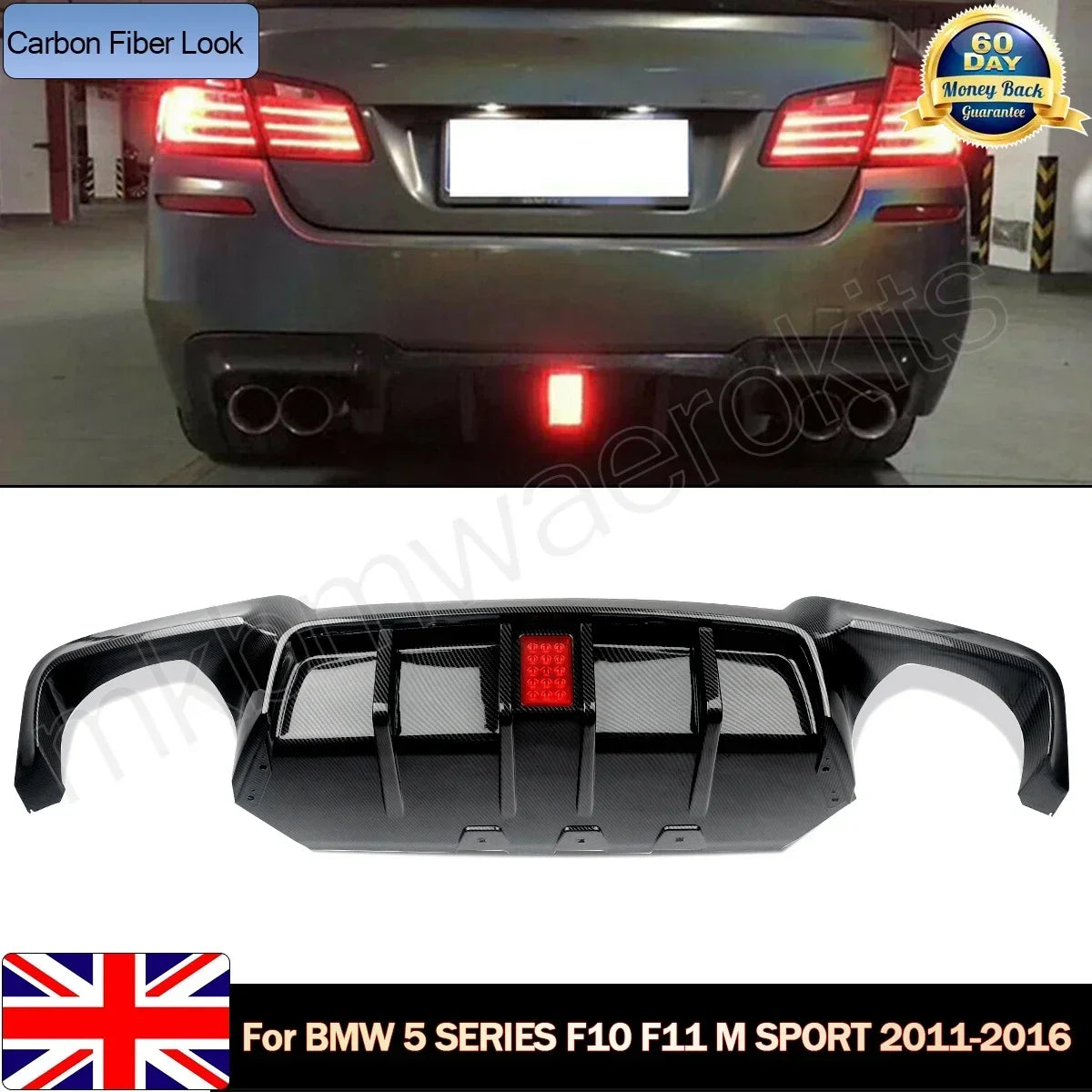 Difusor M5 Performance com STOP Tipo F1 Preto Brilhante  BMW F0 F11 Apenas Para-Choques M

 for BMW 5 Series F10 M Sport Bumper 10-16 Carbon Look Rear Diffuser with LED Light