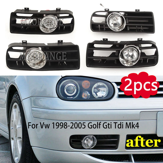 Kit Grelha Faróis Nevoeiro  VW Golf 4 MK4 GTi TDI 1997 1998-2006

Fog Lights LED Headlight for VW Golf 4 MK4 GTi TDI 1997 1998-2006 DRL Fog Lamp cover Racing Grill Lamp grille accessories